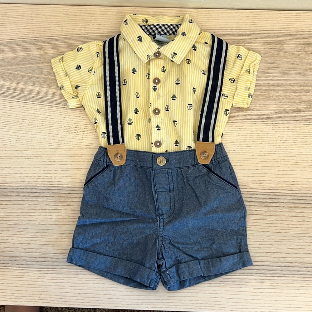 Little lad button up shirt with shorts & suspenders outfit set sail boats